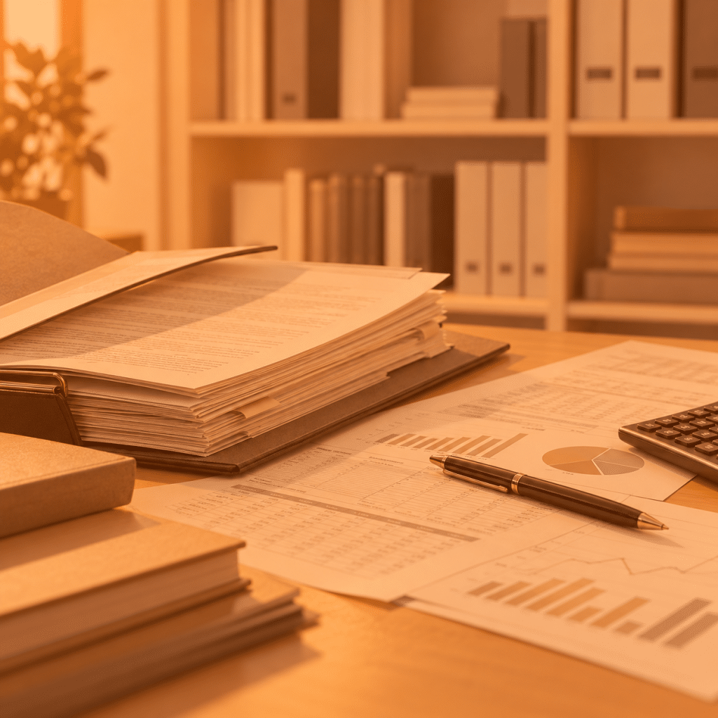 Case file, financial calculation sheets, pen and calculator on an office desk